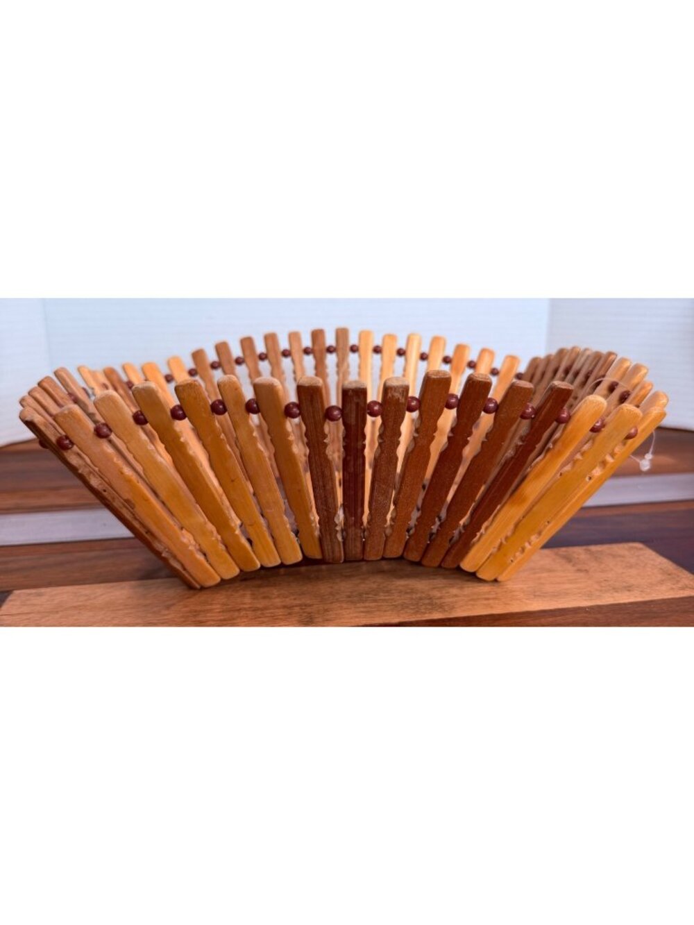 Vintage Mid-Century Modern Bamboo Wood Slat Basket – Dual-Tone Boho Fruit & Brea